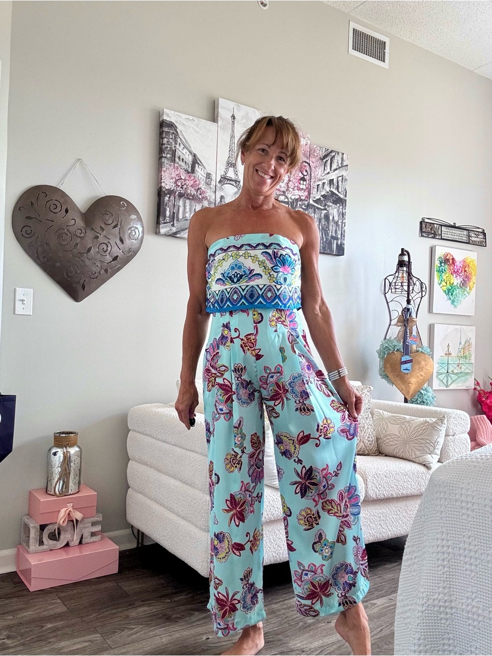 Zara Aqua Strapless Floral Jumpsuit with Pink & Purple Accents